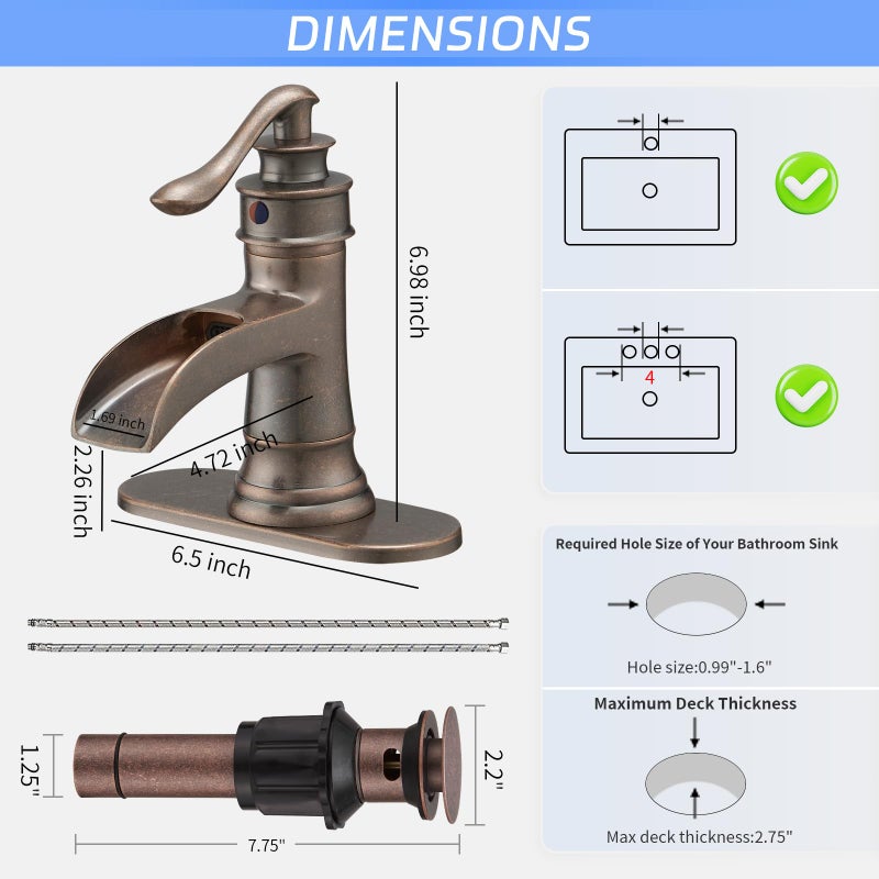 BWE Copper Bathroom Faucet Antique Brass Sink Vanity Basin Single Handle with Pop up Drain Assembly Waterfall Rose Mixer Tap One Hole Lever with Overflow Deck Mount Commercial - Image 3